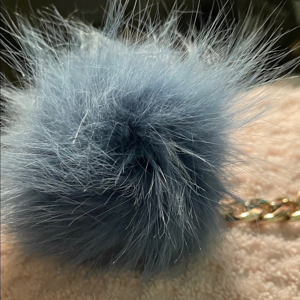 Authentic Michael Kors Blue Fur Pom Pom Keychain with Gold Chain and MK name